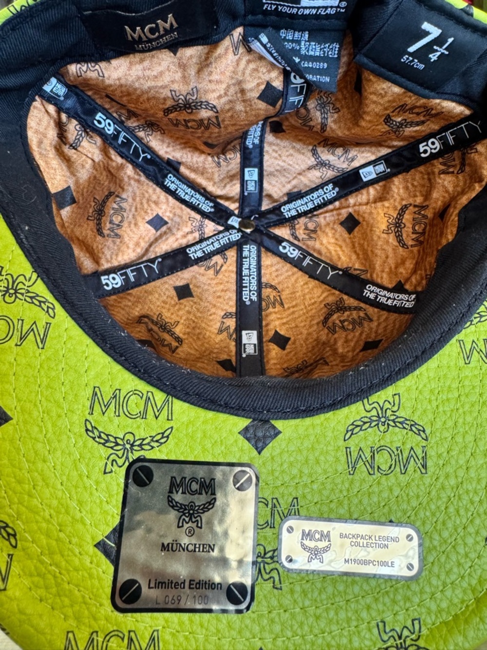MCM Neon Yellow Logo Leather Studded Snapback Hat - Picture 6 of 6